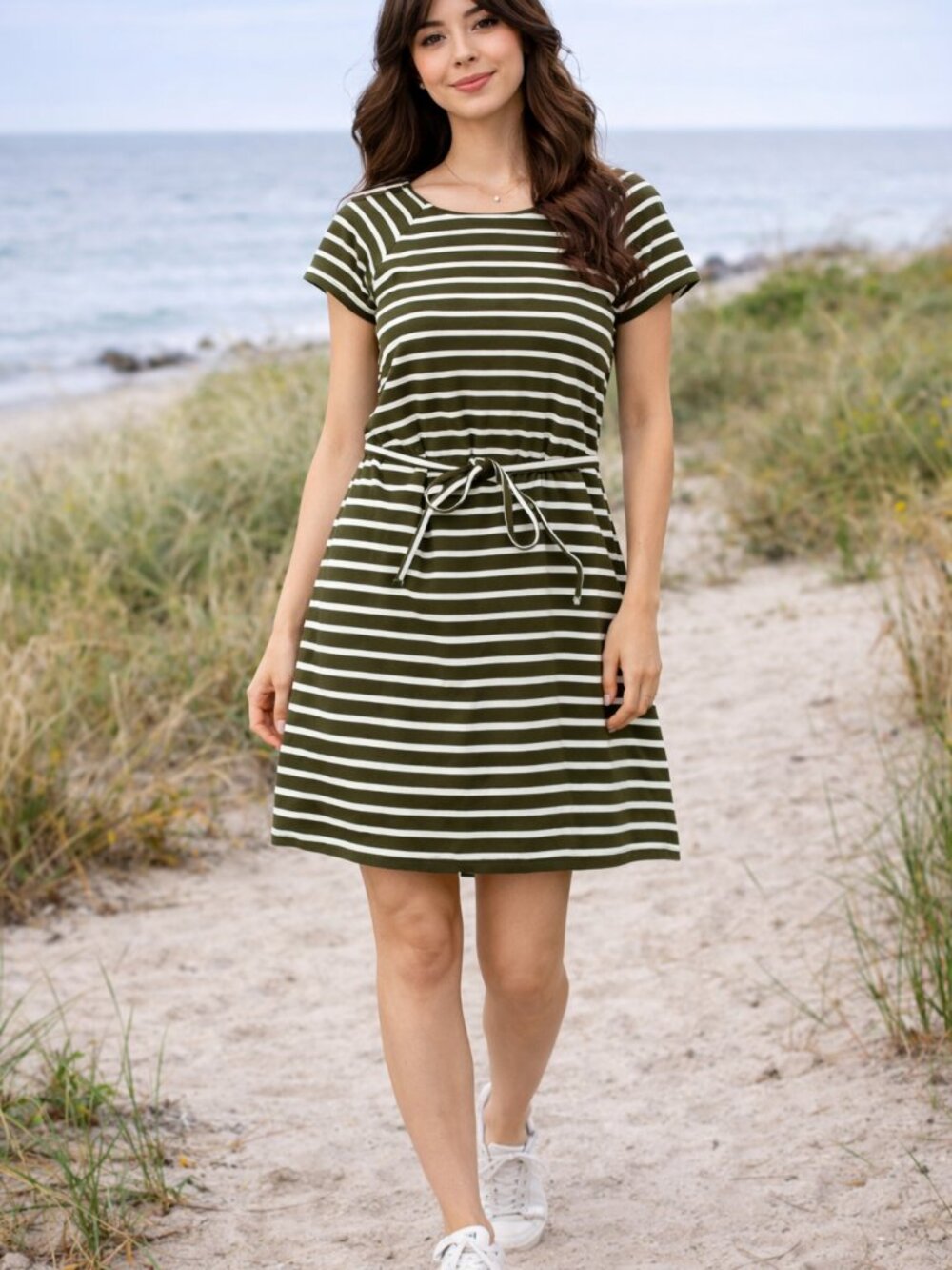 Old Navy Striped Mini Dress S Olive Green White Tie Waist‎ Casual Coastal Summer